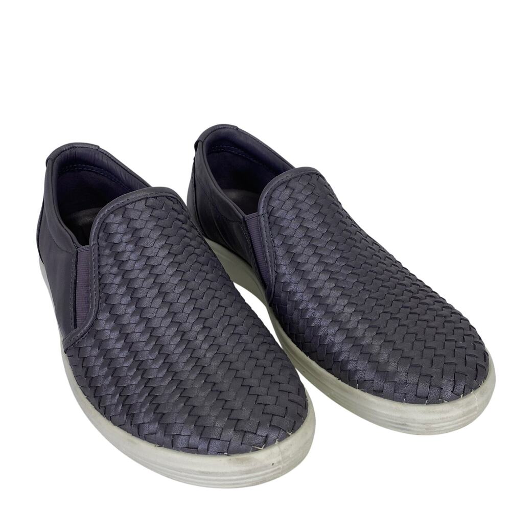 ECCO Soft 7 Gravity Gray Slip On Sneakers Woven Leather Metallic Comfort Sz 5.5